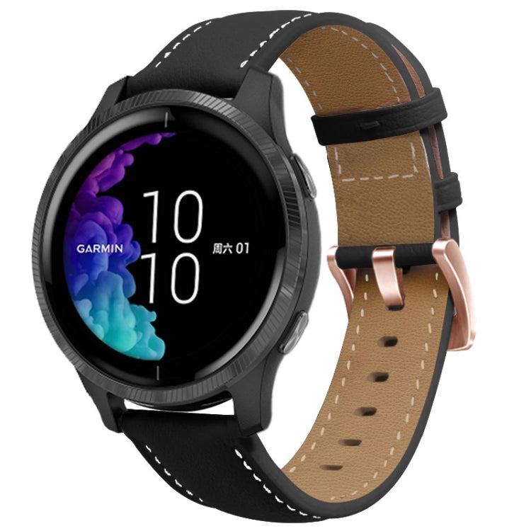 For Garmin Forerunner 265S / 255S / Venu 2S 18mm Rose Gold Buckle Genuine Leather Watch Band (Black)