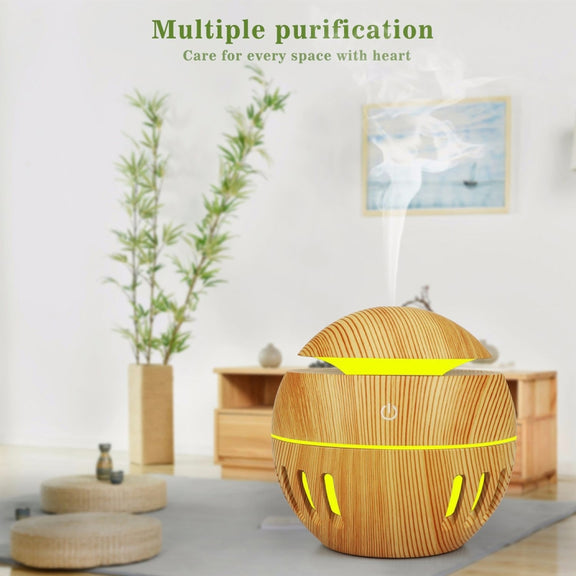 Wood Grain USB Hollowed-out Humidifier Seven Color Aromatherapy Lamp Automatic Alcohol Sprayer with Remote Control(Light Brown-2)