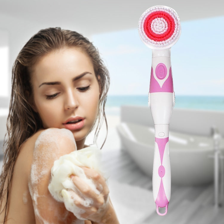 Multi-function Electric Water-resistant Bath Cleansing Brush Long-handled Massage Brush, with 4 Brush Heads(Pink)