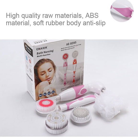 Multi-function Electric Water-resistant Bath Cleansing Brush Long-handled Massage Brush, with 4 Brush Heads(Pink)
