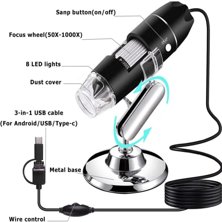 1600X Magnifier HD Image Sensor 3 in 1 USB Digital Microscope with 8 LED & Professional Stand (Black)