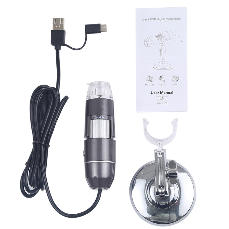 1600X Magnifier HD Image Sensor 3 in 1 USB Digital Microscope with 8 LED & Professional Stand (Grey)