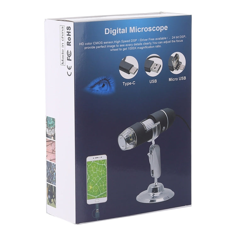 1600X Magnifier HD Image Sensor 3 in 1 USB Digital Microscope with 8 LED & Professional Stand (Grey)