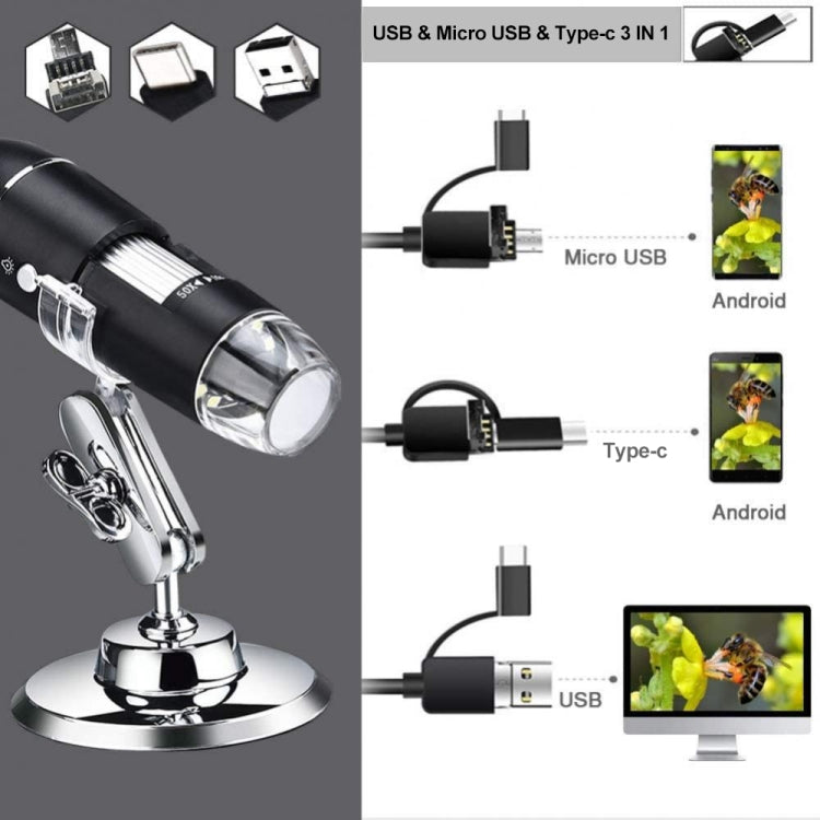 1600X Magnifier HD Image Sensor 3 in 1 USB Digital Microscope with 8 LED & Professional Stand (Grey)