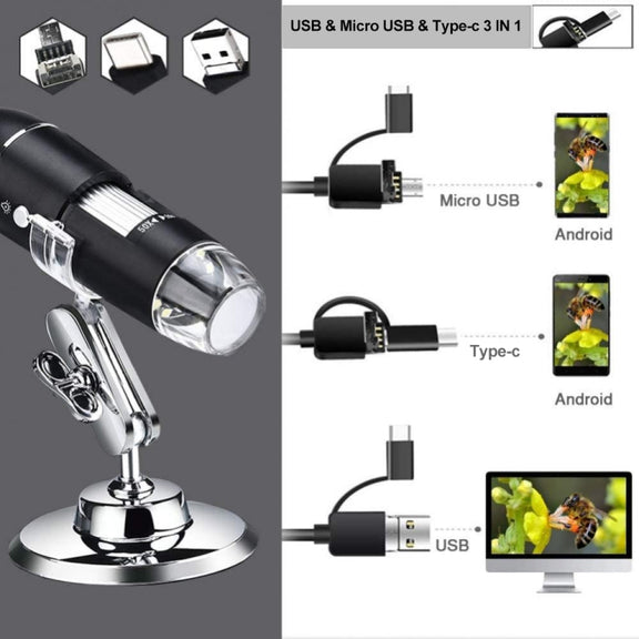 1600X Magnifier HD Image Sensor 3 in 1 USB Digital Microscope with 8 LED & Professional Stand (Grey)