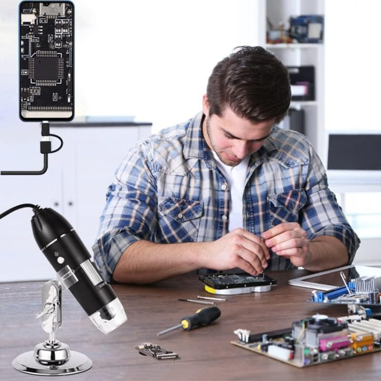 1600X Magnifier HD Image Sensor 3 in 1 USB Digital Microscope with 8 LED & Professional Stand (Grey)