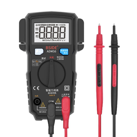 BSIDE ADMS6 High-precision Fully Automatic Small Digital Intelligent Multimeter with HD Digital Display & Shockproof Cover, Support Function Range Switch & Double-sided Pen Holder (Black)