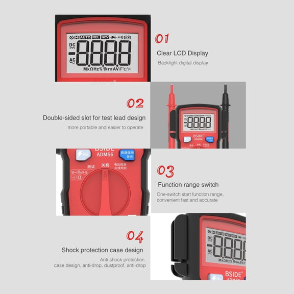 BSIDE ADMS6 High-precision Fully Automatic Small Digital Intelligent Multimeter with HD Digital Display & Shockproof Cover, Support Function Range Switch & Double-sided Pen Holder (Black)