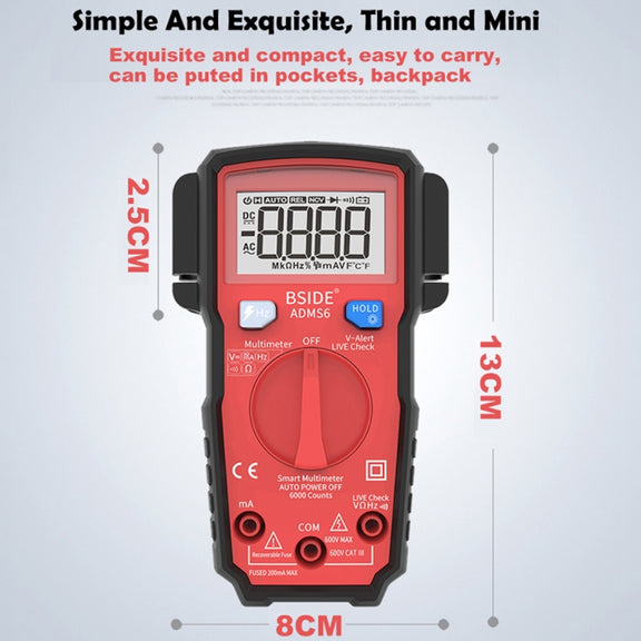 BSIDE ADMS6 High-precision Fully Automatic Small Digital Intelligent Multimeter with HD Digital Display & Shockproof Cover, Support Function Range Switch & Double-sided Pen Holder (Black)