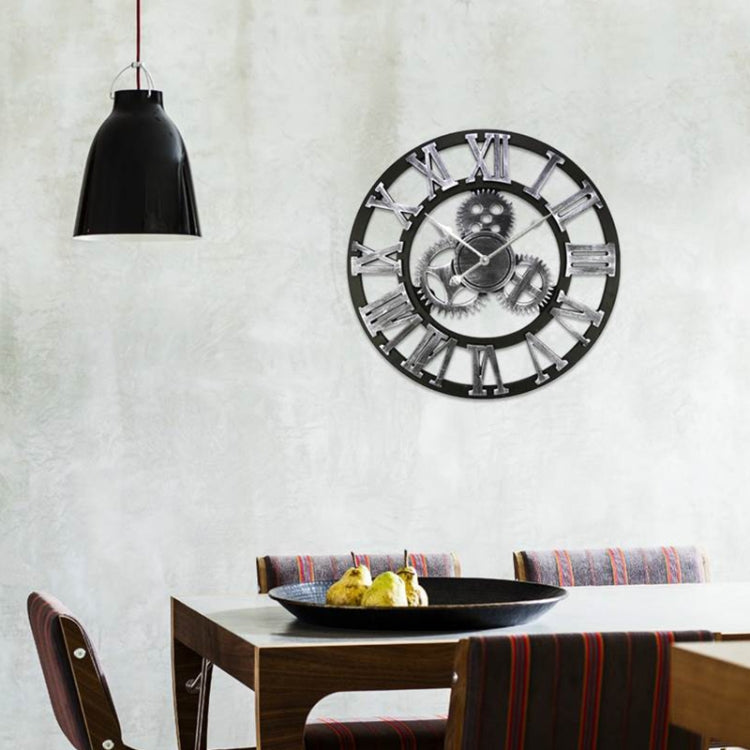 Retro Wooden Round Single-sided Gear Clock Rome Number Wall Clock, Diameter: 35cm(Silver)