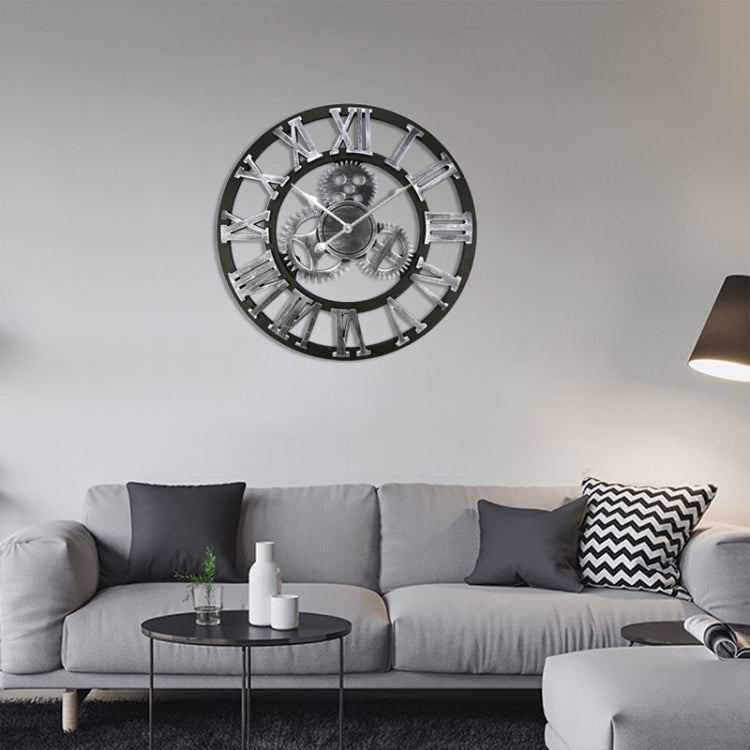 Retro Wooden Round Single-sided Gear Clock Rome Number Wall Clock, Diameter: 35cm(Silver)