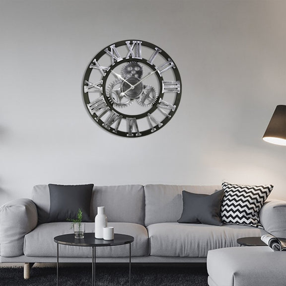 Retro Wooden Round Single-sided Gear Clock Rome Number Wall Clock, Diameter: 35cm(Silver)