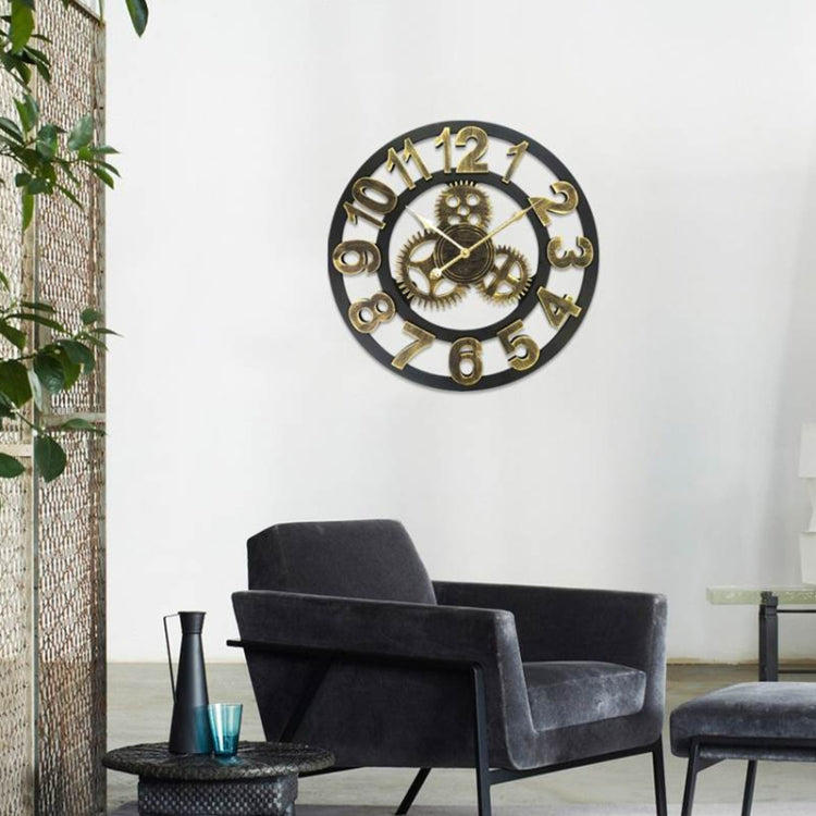 Retro Wooden Round Single-sided Gear Clock Number Wall Clock, Diameter: 40cm (Gold)