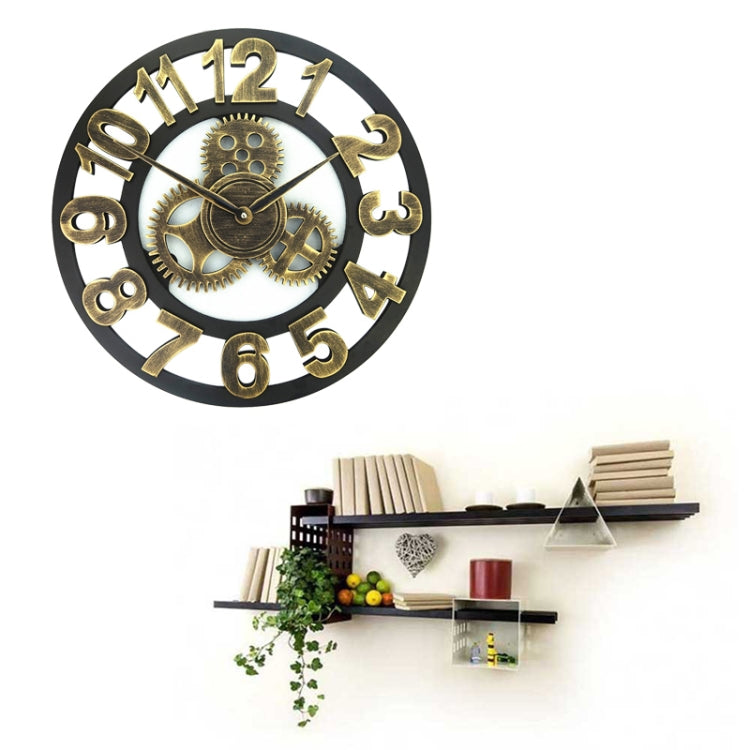 Retro Wooden Round Single-sided Gear Clock Number Wall Clock, Diameter: 40cm (Gold)