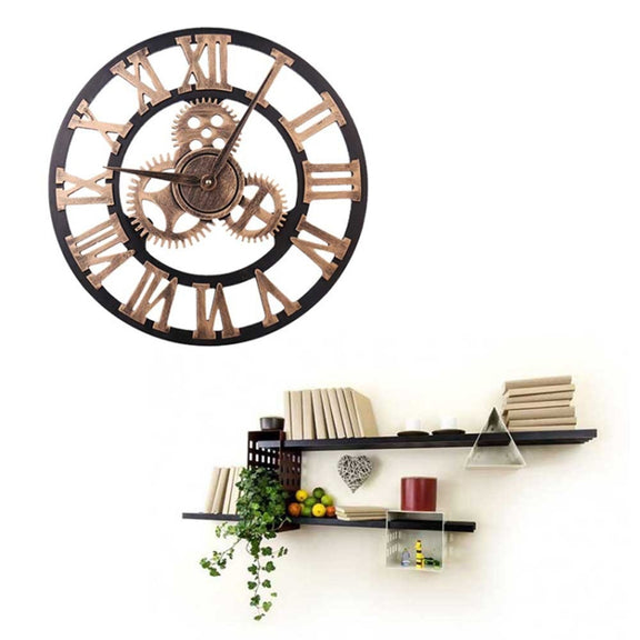Retro Wooden Round Single-sided Gear Clock Rome Number Wall Clock, Diameter: 40cm (Gold)
