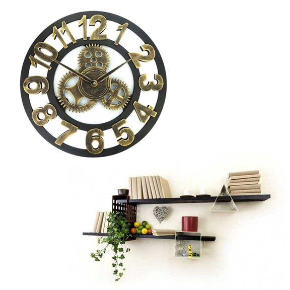 Retro Wooden Round Single-sided Gear Clock Number Wall Clock, Diameter: 58cm (Gold)