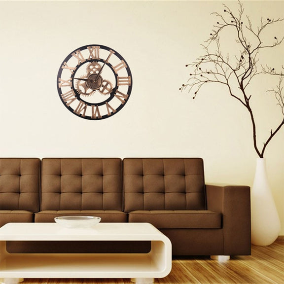 Retro Wooden Round Single-sided Gear Clock Rome Number Wall Clock, Diameter: 58cm (Gold)