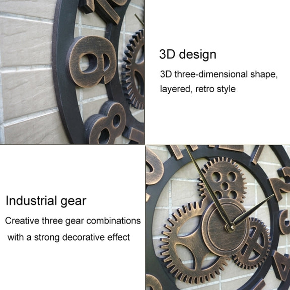 Retro Wooden Round Single-sided Gear Clock Arabic Number Wall Clock, Diameter: 30cm (Silver)