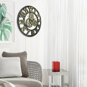 Retro Wooden Round Single-sided Gear Clock Arabic Number Wall Clock, Diameter: 35cm (Gold)