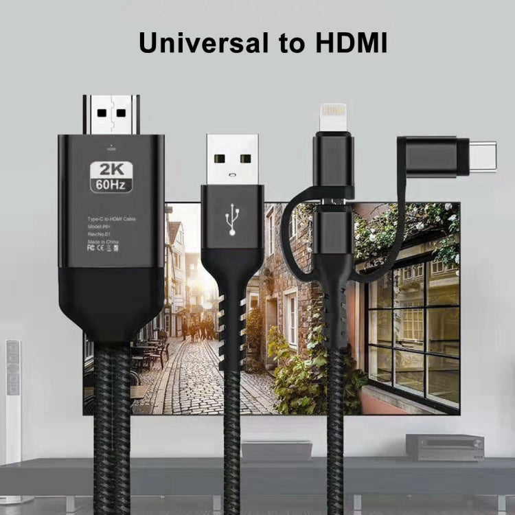3 in 1 Micro USB + USB-C / Type-C + 8 Pin to HDMI HDTV Cable(Black)