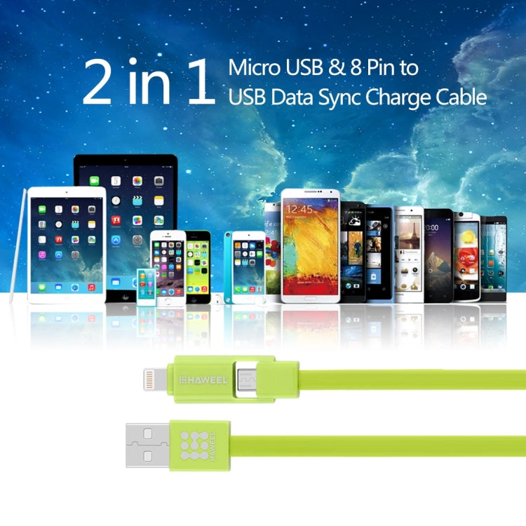 HAWEEL 1m 2 in 1 Micro USB & 8 Pin to USB Data Sync Charge Cable(Green)
