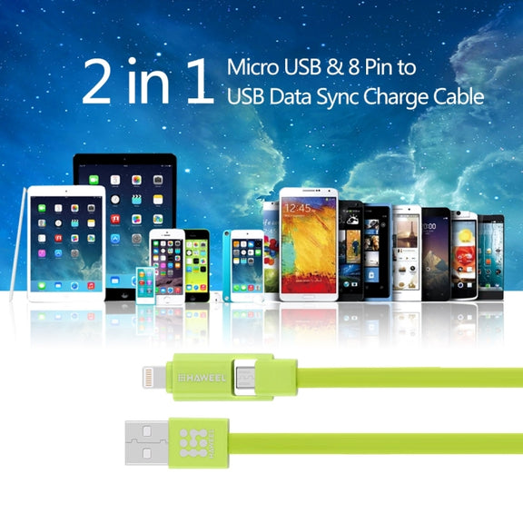 HAWEEL 1m 2 in 1 Micro USB & 8 Pin to USB Data Sync Charge Cable(Green)