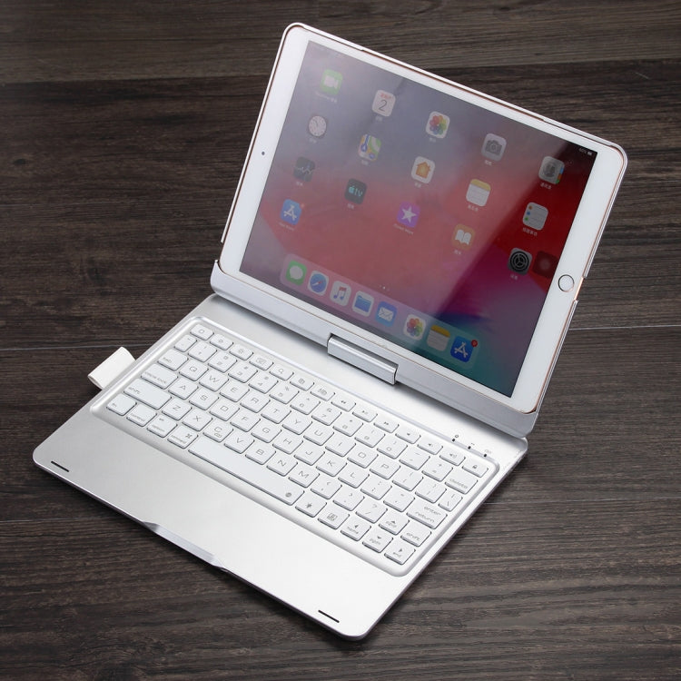 F102AS For iPad 10.2 inch Colorful Backlit Rotatable Bluetooth Keyboard Leather Tablet Case with Pen Slot Function (Silver)