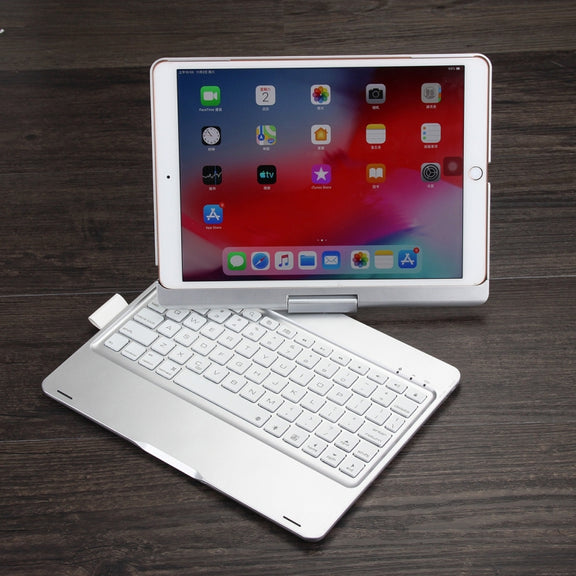 F102AS For iPad 10.2 inch Colorful Backlit Rotatable Bluetooth Keyboard Leather Tablet Case with Pen Slot Function (Silver)