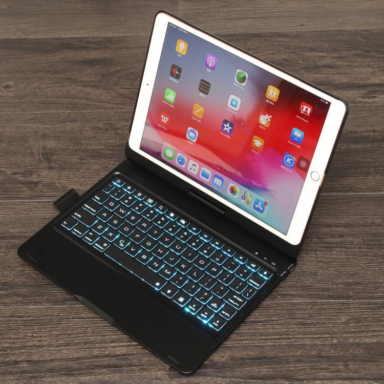 F102AS For iPad 10.2 inch Colorful Backlit Rotatable Bluetooth Keyboard Leather Tablet Case with Pen Slot Function (Silver)