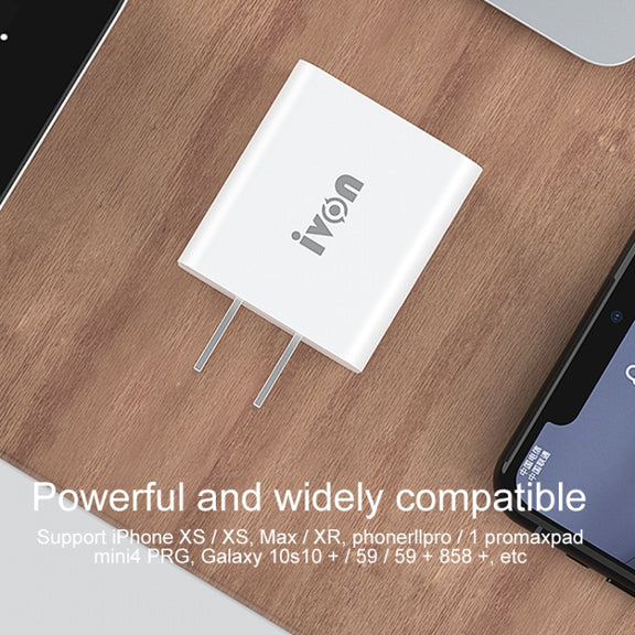 IVON AD48 18W PD Fast Charger + USB-C / Type-C to 8 Pin Data Cable Set, US Plug