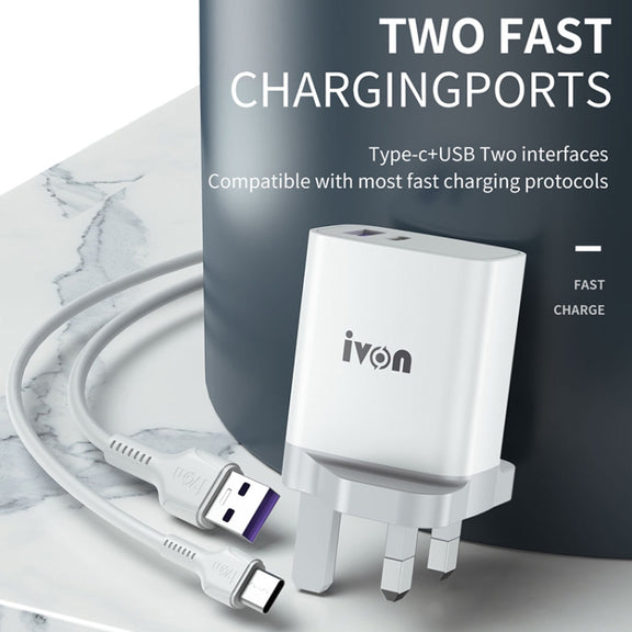 IVON AD52 18W USB-C / Type-C + USB Dual Port PD Fast Charge(US Plug)