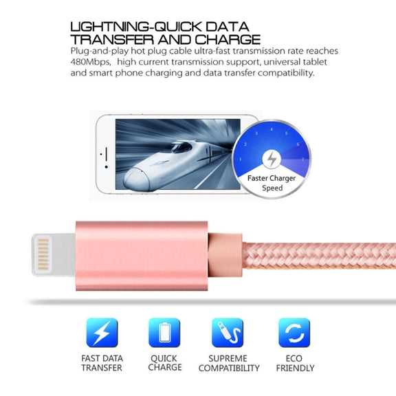 3m 3A Woven Style Metal Head 8 Pin to USB Data / Charger Cable(Rose Gold)