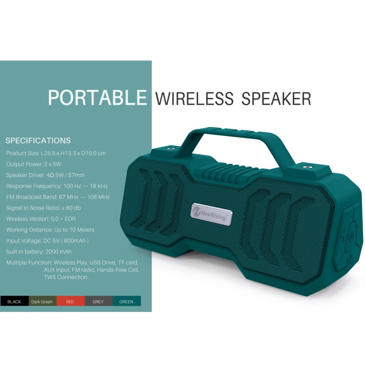 NewRixing NR-4500 Portable Wireless Bluetooth Stereo Speaker Support TWS / FM Function Speaker(Army Green)