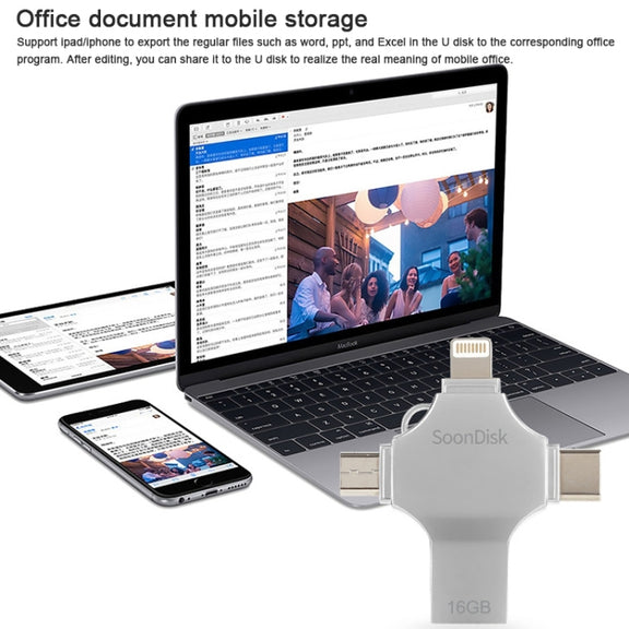 4 in 1 16GB USB 3.0 + 8 Pin + Mirco USB + USB-C / Type-C Dual-use Flash Drive with OTG Function