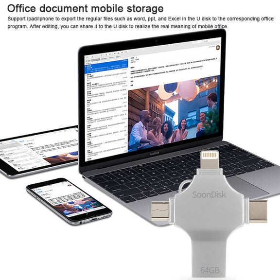 4 in 1 64GB USB 3.0 + 8 Pin + Mirco USB + USB-C / Type-C Dual-use Flash Drive with OTG Function