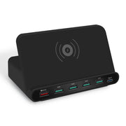 828W 7 in 1 60W QC 3.0 USB Interface + 4 USB Ports + USB-C / Type-C Interface + Wireless Charging Multi-function Charger with Mobile Phone Holder Function, AU Plug(Black)