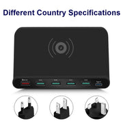 828W 7 in 1 60W QC 3.0 USB Interface + 4 USB Ports + USB-C / Type-C Interface + Wireless Charging Multi-function Charger with Mobile Phone Holder Function, AU Plug(Black)