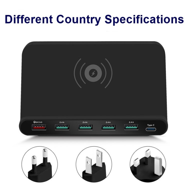 828W 7 in 1 60W QC 3.0 USB Interface + 4 USB Ports + USB-C / Type-C Interface + Wireless Charging Multi-function Charger with Mobile Phone Holder Function, AU Plug(Black)