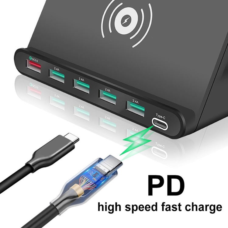 828W 7 in 1 60W QC 3.0 USB Interface + 4 USB Ports + USB-C / Type-C Interface + Wireless Charging Multi-function Charger with Mobile Phone Holder Function, AU Plug(Black)