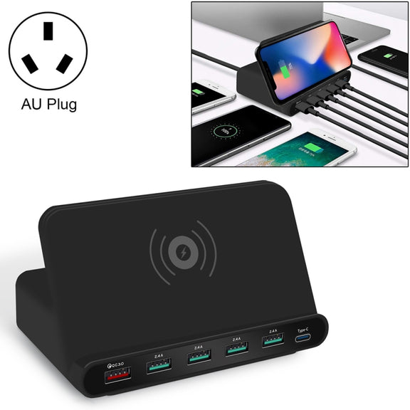 828W 7 in 1 60W QC 3.0 USB Interface + 4 USB Ports + USB-C / Type-C Interface + Wireless Charging Multi-function Charger with Mobile Phone Holder Function, AU Plug(Black)