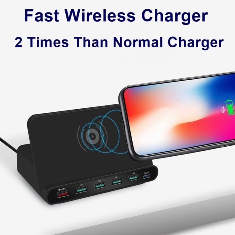 828W 7 in 1 60W QC 3.0 USB Interface + 4 USB Ports + USB-C / Type-C Interface + Wireless Charging Multi-function Charger with Mobile Phone Holder Function, AU Plug(Black)