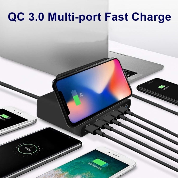 828W 7 in 1 60W QC 3.0 USB Interface + 4 USB Ports + USB-C / Type-C Interface + Wireless Charging Multi-function Charger with Mobile Phone Holder Function, AU Plug(Black)
