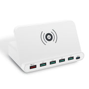 828W 7 in 1 60W QC 3.0 USB Interface + 4 USB Ports + USB-C / Type-C Interface + Wireless Charging Multi-function Charger with Mobile Phone Holder Function, AU Plug(White)