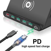 828W 7 in 1 60W QC 3.0 USB Interface + 4 USB Ports + USB-C / Type-C Interface + Wireless Charging Multi-function Charger with Mobile Phone Holder Function, AU Plug(White)