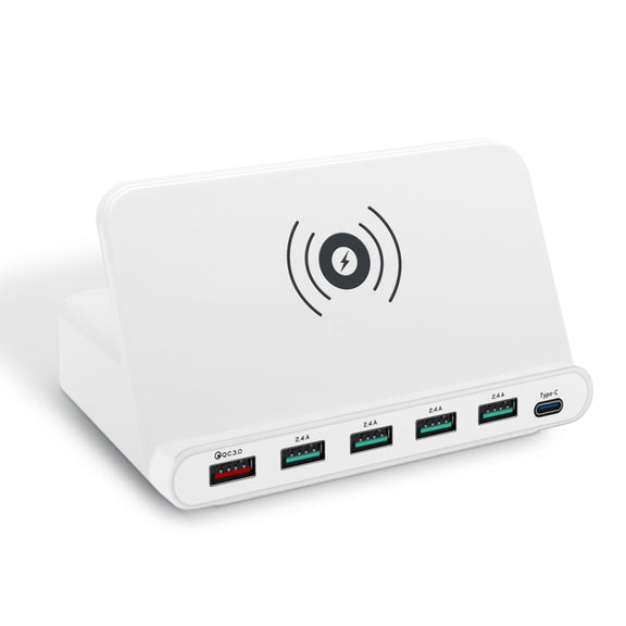 828W 7 in 1 60W QC 3.0 USB Interface + 4 USB Ports + USB-C / Type-C Interface + Wireless Charging Multi-function Charger with Mobile Phone Holder Function, UK Plug(White)