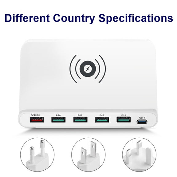 828W 7 in 1 60W QC 3.0 USB Interface + 4 USB Ports + USB-C / Type-C Interface + Wireless Charging Multi-function Charger with Mobile Phone Holder Function, UK Plug(White)