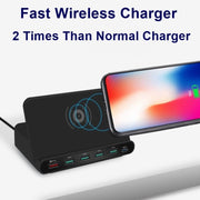 828W 7 in 1 60W QC 3.0 USB Interface + 4 USB Ports + USB-C / Type-C Interface + Wireless Charging Multi-function Charger with Mobile Phone Holder Function, UK Plug(White)
