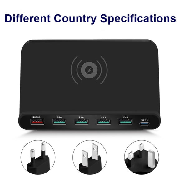 828W 7 in 1 60W QC 3.0 USB Interface + 4 USB Ports + USB-C / Type-C Interface + Wireless Charging Multi-function Charger with Mobile Phone Holder Function, US Plug(Black)