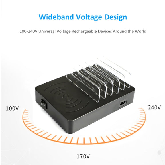 50W 6 USB Ports + 2 USB-C / Type-C Ports + Wireless Charging Multi-function Charger with LED Display & Detachable Bezel, EU Plug