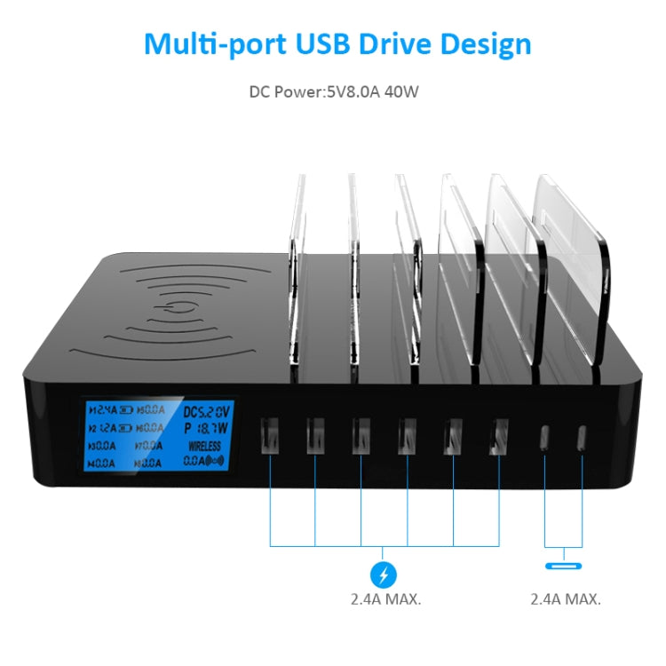 50W 6 USB Ports + 2 USB-C / Type-C Ports + Wireless Charging Multi-function Charger with LED Display & Detachable Bezel, US Plug